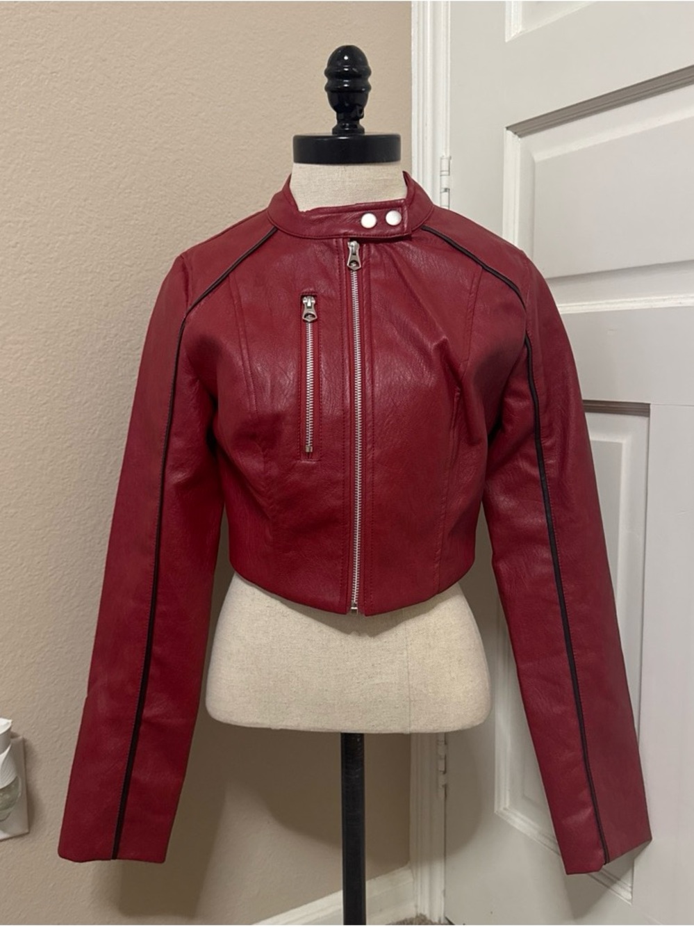 Forever 21 Burgundy Faux Leather Cropped Moto Jacket